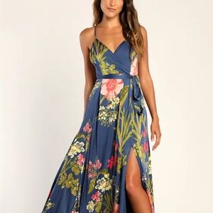 Lulu's Satin Navy Floral Maxi Dress